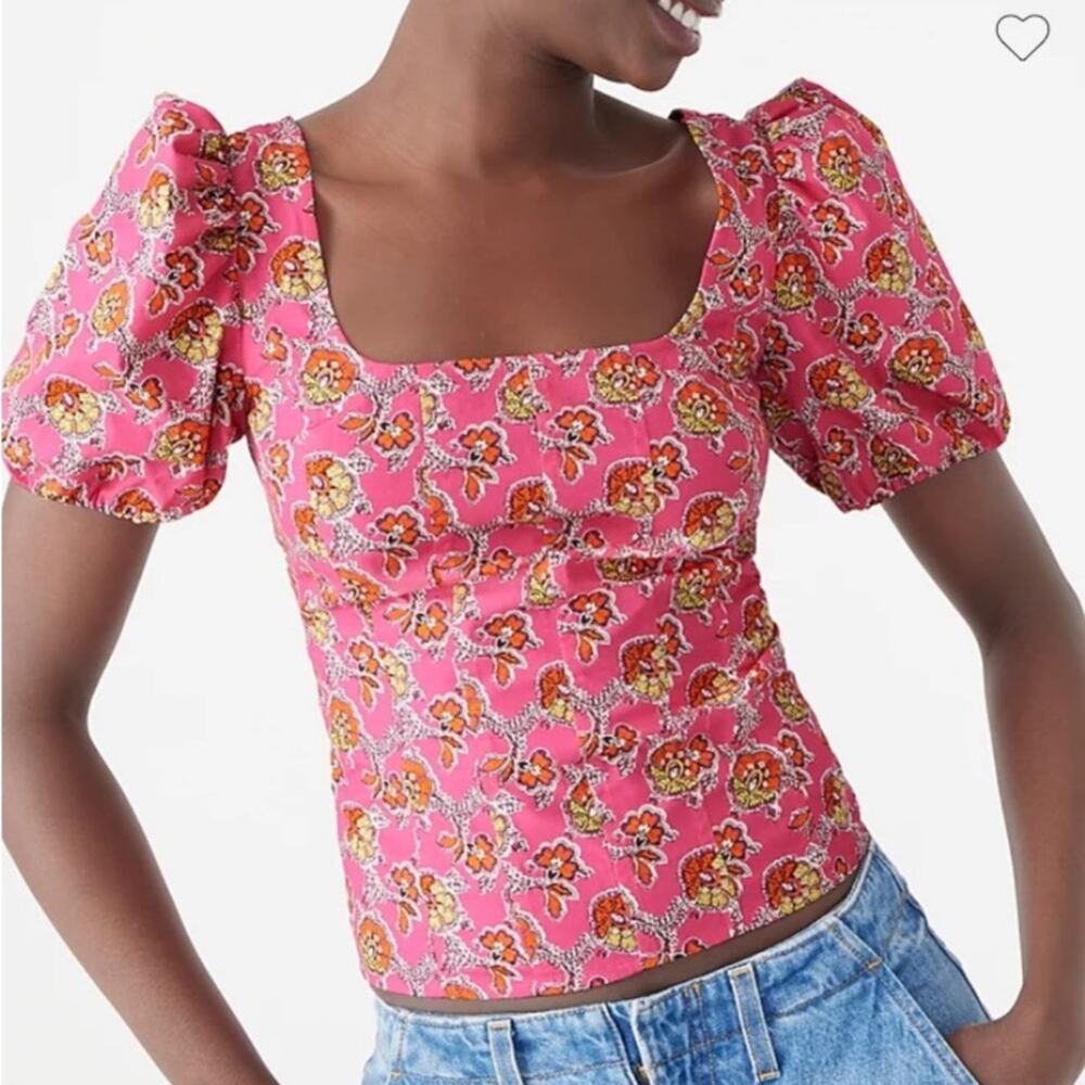 J. Crew Puff-sleeve squareneck top in Ratti® pink blooms print